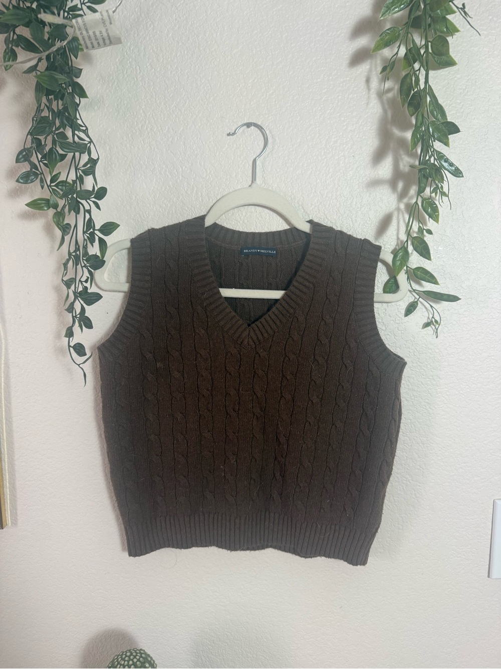 Brandy Melville Brown Cable Knit V-Neck Sweater Vest
